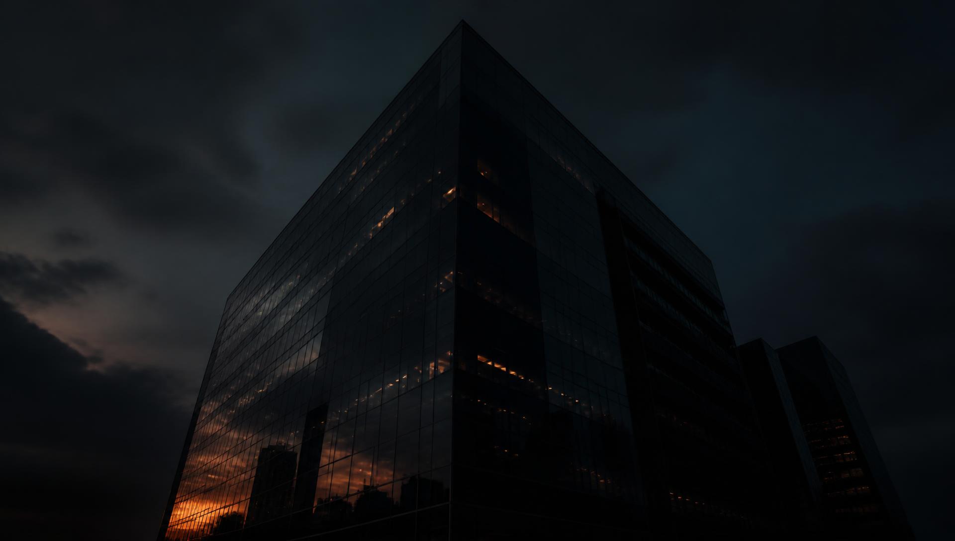 Edifício corporativo moderno ao entardecer